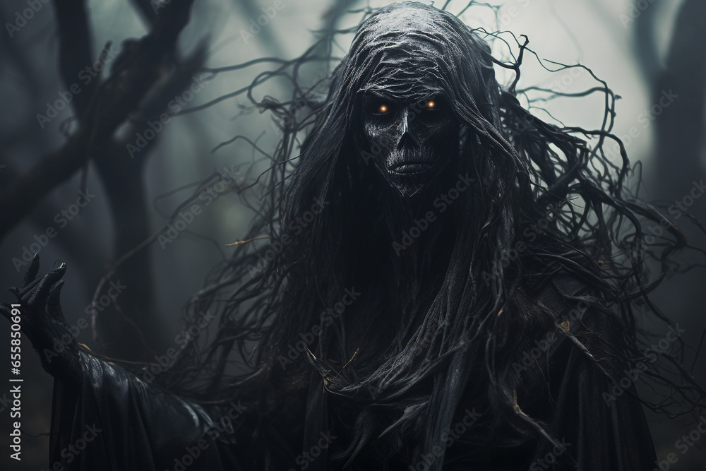 States of mind, horror, sci-fi concept. Female forest creature, wraith or ghost and nature mix concept. Dark and gloomy nature background with mist. Generative AI