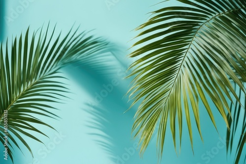 blurred shadow from palm leaves on the light blue wall minimal abstract background for product