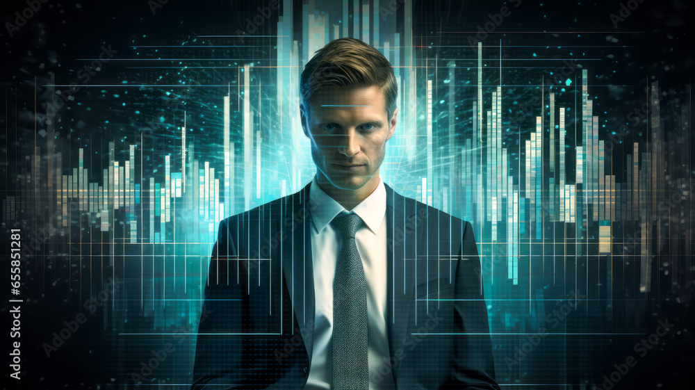 Businessman in suit on abstract background with digital charts and graphs Businessman in suit on abstract background with digital charts and graphs