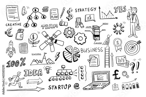 Trendy set of business elements in doodle style. Vector illustration of happy business people, success, start-up, team, good idea. Great for banner, posters, stickers, professional design. Hand drawn