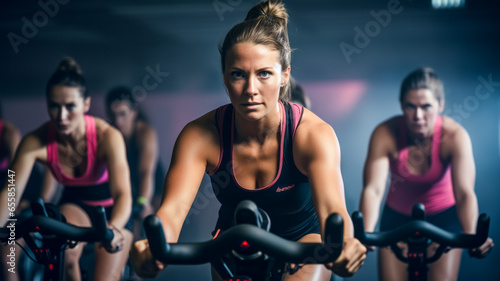 Portrait of fit women exercising on exercise bike in gym © thodonal