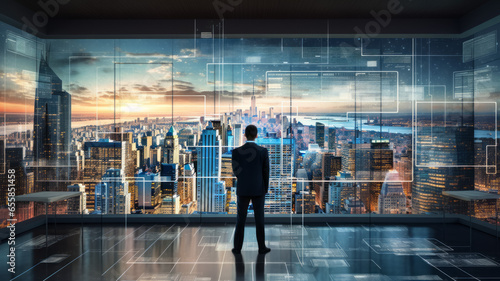 Businessman standing in front of a large bay window and looking at the city