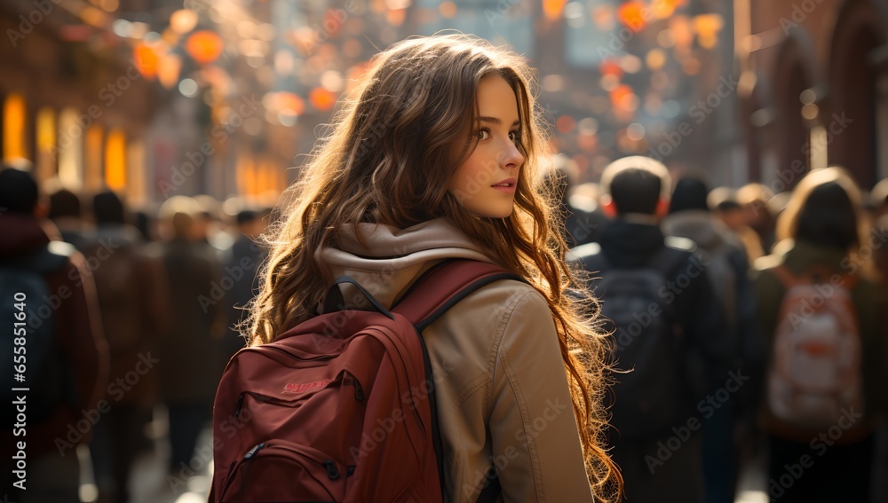 Young woman in the background of a fall street, generative AI Young woman in the background of a fall street, generative AI