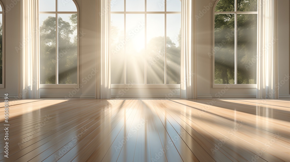 An empty white room with large windows, generative AI An empty white room with large windows, generative AI