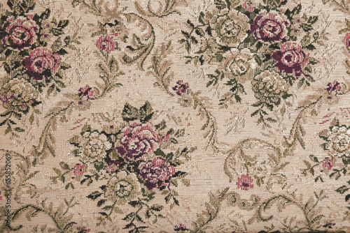Vector illustration of beige fabric with floral pattern. Furniture jacquard fabric with flowers in geometric style.
