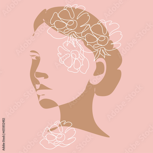 Line Art Woman Face with Flowers Continuous One Line Drawing.