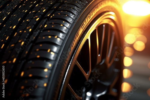 Detailed view of tire with blurry background and bright light reflection. Generative AI