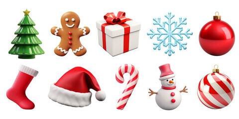 Collection set of various Christmas ornaments isolated on transparent or white background, png