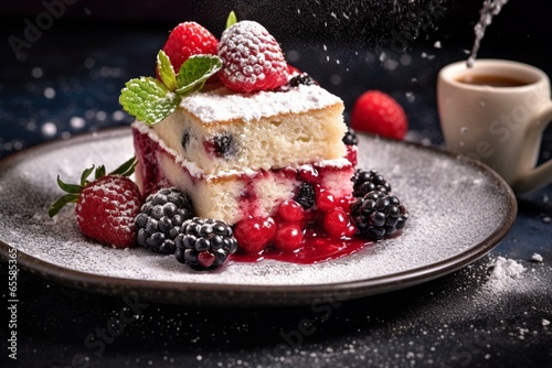 Creamy dessert with berries and powdered sugar on a plate. Generative AI