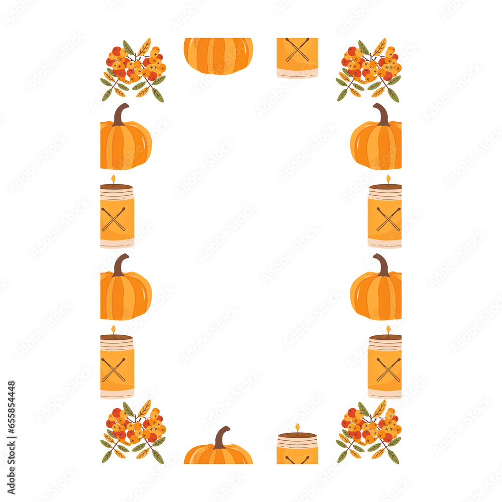 Fototapeta premium Autumn card. Fall season cozy poster. Autumn thanksgiving seasonal banner with candle, pumpkin. Stock design