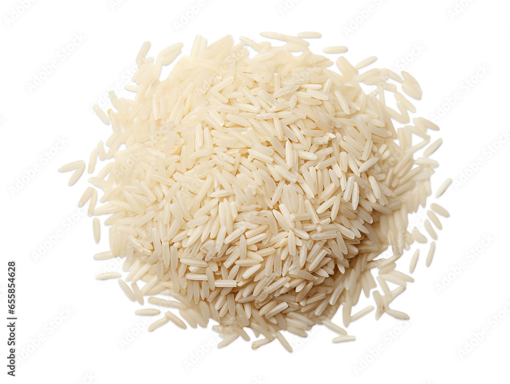 Pile of white rice isolated on transparent or white background, top view, png