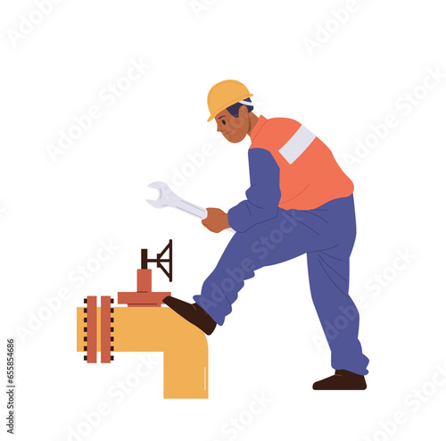 Mechanic male worker cartoon character repairing pipeline with wrench isolated on white background