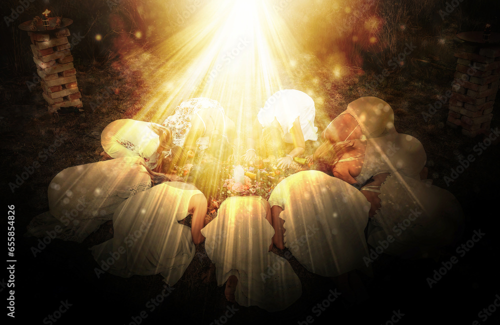 Madala with flowers and fruits, spiritual ceremony of earth. Light effect. - obrazy, fototapety, plakaty 