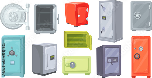 Cartoon metal safes. Iron strongbox, metallic safe boxes and bank vault door for secure deposit cash treasure or gun storage, compact or large gate lockers neat vector illustration