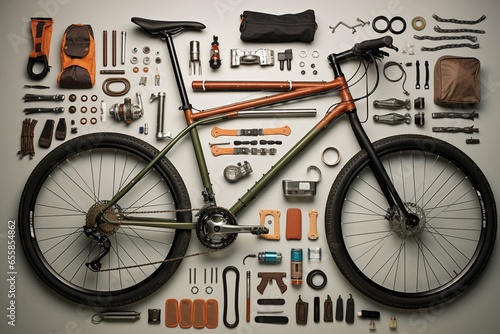 Photo of a fully equipped bicycle with various tools neatly arranged in knolling style. Generative AI photo
