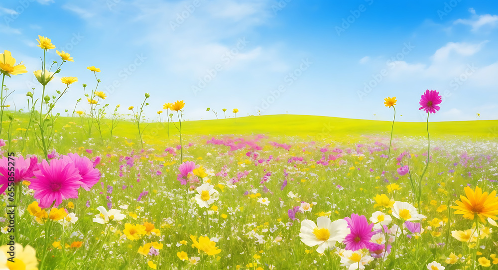  A flower field in the sun with a spring or summer garden background. Field meadow flowers 