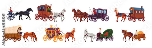 Horse vehicles. Ancient trip wagon victorian carriage, wagoneer chariot or working rustic horses cart, wedding royal stagecoach old historic vehicle, ingenious vector illustration photo
