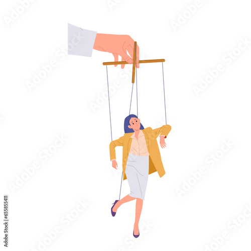 Businesswoman politician marionette cartoon character trapped in hand of dictator isolated on white