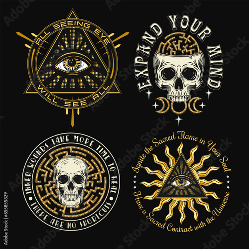 Set of labels with all seeing eye, skulls, labyrinth, text. Concept of intuition, secret knowledge, psychic abilities Colorful mystical vintage illustrations for clothing, apparel, T-shirts design