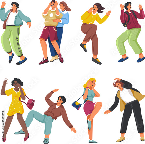 Horrified people. Frightened man and scared woman in panic fear, startled scared person afraid shocked screaming face, worry emotion horror expression, recent vector illustration