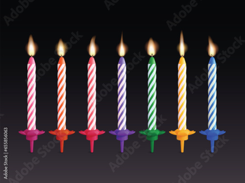 Realistic striped candles. 3d candle with fire light flare, colourful candlelight and decorative tealight for child birthday cake xmas or romantic dinner, exact vector illustration