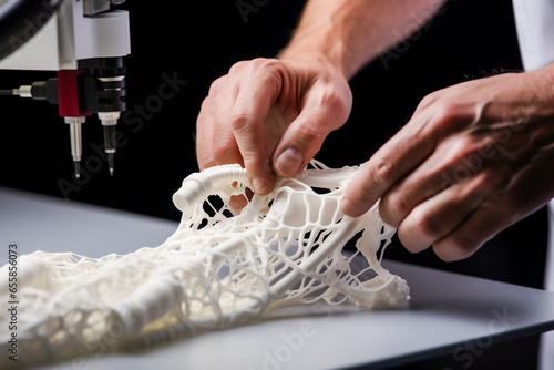 A person’s hands holding a 3D printed object. The object is white and has a complex, lattice-like structure. The background is a 3D printer with a black base and a white arm.
