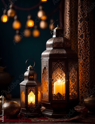 Concept of Ramadan and Eid al-Fitr dates wallpapers with traditional Arabic lantern lamp