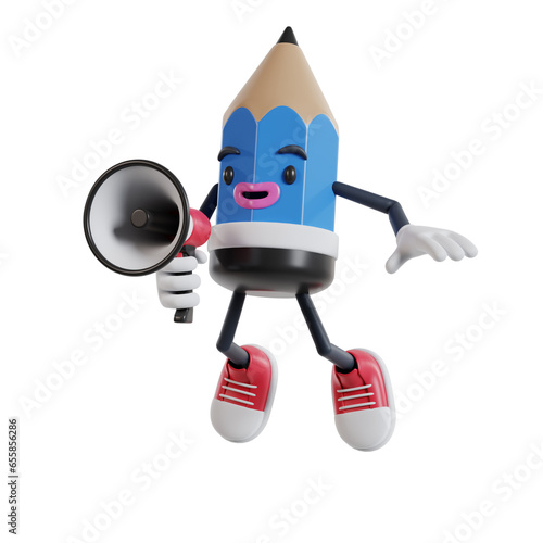 3d cartoon pencil character announces with a megaphone while jumping up into the air, 3d illustration of cartoon pencil character