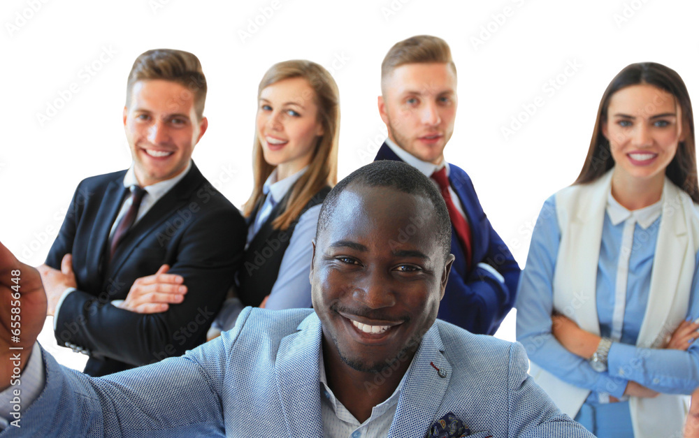 People taking selfie at business meeting on a transparent background People taking selfie at business meeting on a transparent background