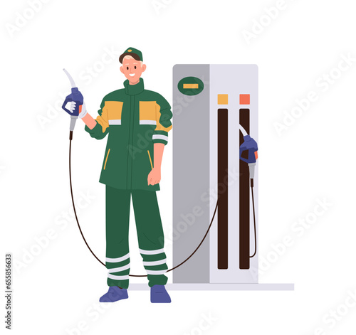 Man refueler worker cartoon character providing car service at gas station isolated on white