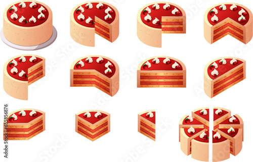 Cake parts. Isometric pie slices constructor, cartoon whole cakes cut on piece with creamy topping, pies fractions sliced pastry food, bakery desserts garish vector illustration