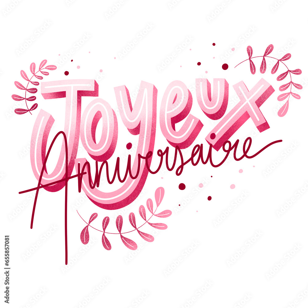 Joyeux anniversaire écrit en manuscrit avec décorations florales rose et rouge Stock