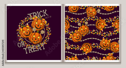 Halloween pattern  label with pumpkin heads like happy kids  traditional sweets  candy on dark background. Vintage illustration. Good for package  wrapping paper  holiday decoration.