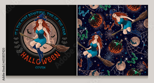 Halloween pattern  label with young beautiful redhead witch flying on broom  silhouette of bats  full moon  cauldron with potion on fire  stars  spiderweb. Colorful illustration in vintage style.