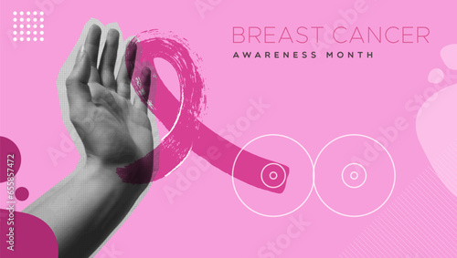 Breast cancer pink ribbon and hand gesture protect in collage illustration design