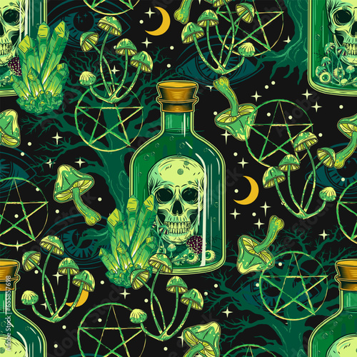 Halloween night pattern with glass bottle of green poison with human skull. Glowing magic crystals, mushrooms, pentagram sign, silhouette of old tree. Witchy, mystical, spooky illustration