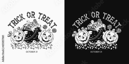 Label with witch cauldron full of traditional halloween candy, eyeballs, pumpkin heads like happy kids. Vintage style