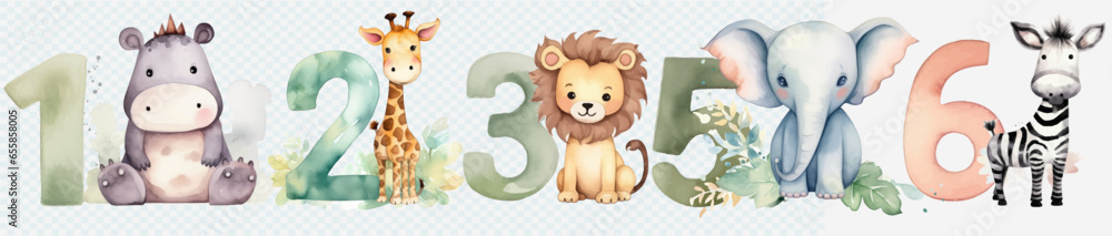 Watercolor set of numbers with cute safari animals. Set of numbers with cute baby animals. Educational numbers, kids anniversary, home or kindergarten decor cartoon vector illustration - obrazy, fototapety, plakaty 
