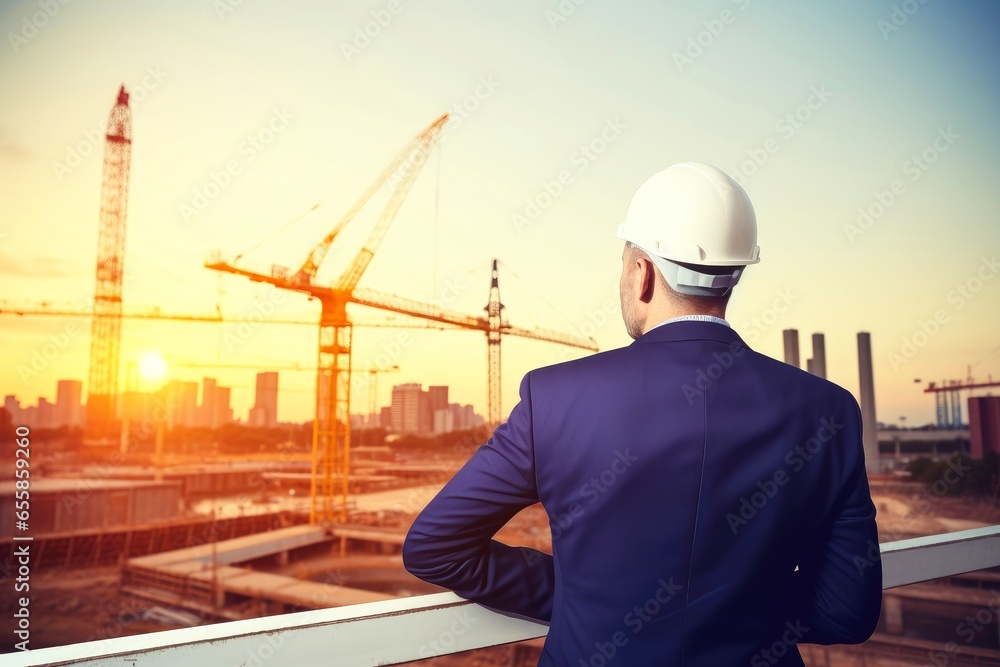 Engineering wearing hardhat with blurred site construction building background Engineering wearing hardhat with blurred site construction building background