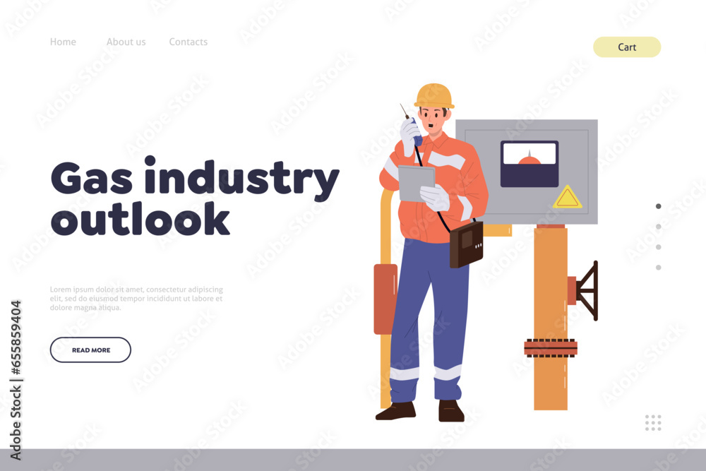 Gas industry outlook concept for landing page design website template with engineer at work Gas industry outlook concept for landing page design website template with engineer at work