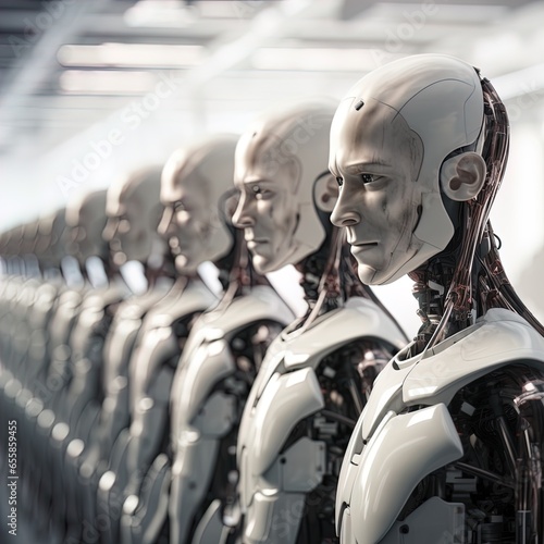 A line of humanoid robots stands silently. Great for stories on robotics, AI, automation, the fourth industrial revolution, sci-fi, future of work and more.