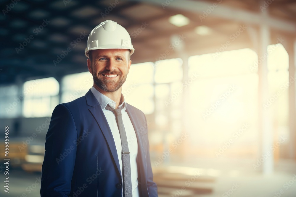 Engineering wearing hardhat with blurred site construction building background Engineering wearing hardhat with blurred site construction building background