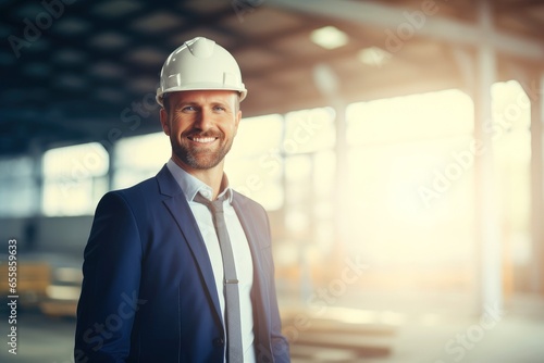 Engineering wearing hardhat with blurred site construction building background