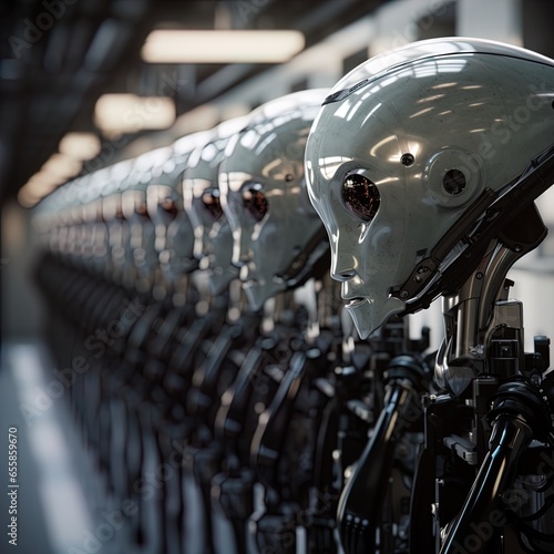 A line of humanoid robots stands silently. Great for stories on robotics, AI, automation, the fourth industrial revolution, sci-fi, future of work and more.