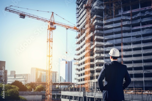 Engineering wearing hardhat with blurred site construction building background