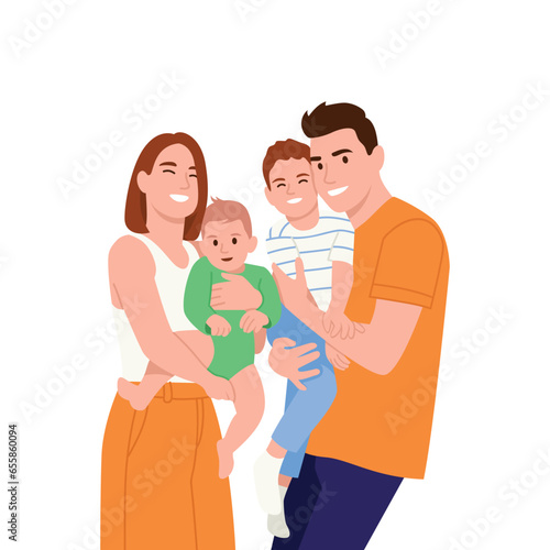 Happy family with two children, whom parents hold in their arms. Vector illustration mom, dad, sons © Вероника Розгон