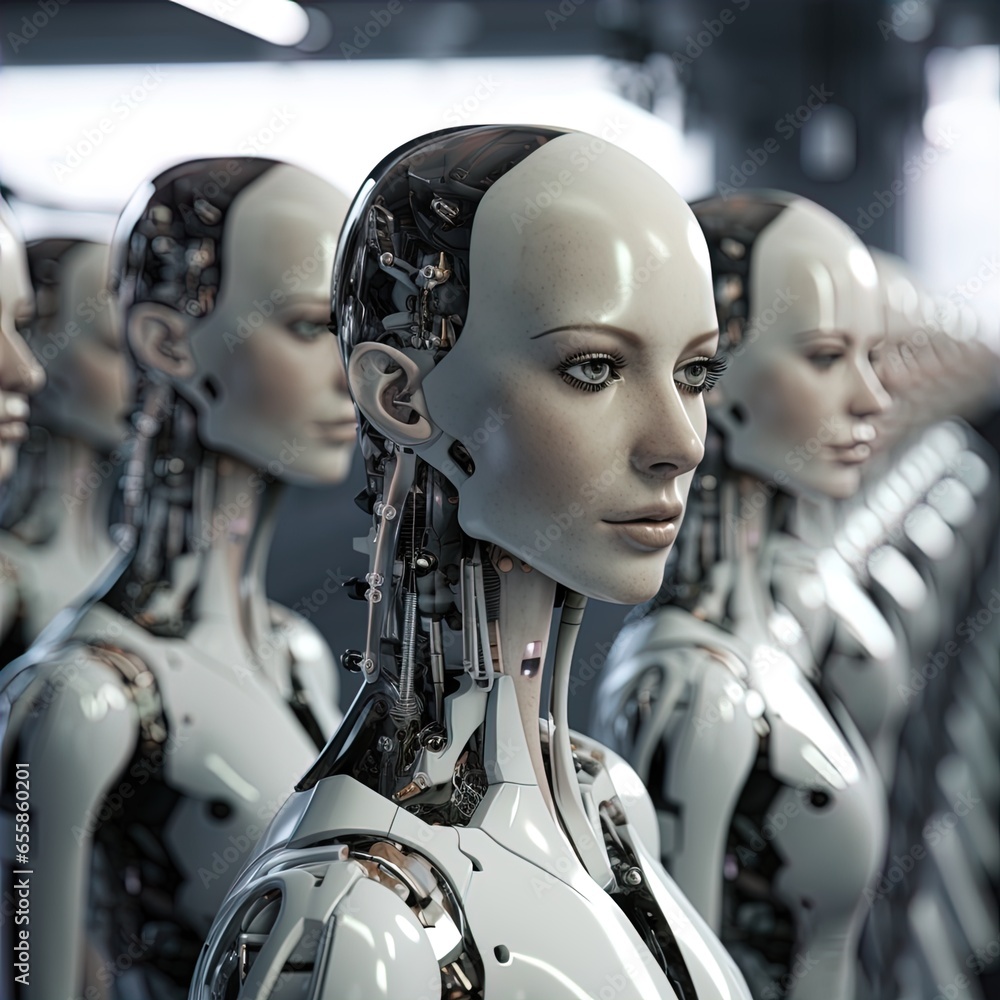 A line of humanoid robots stands silently. Great for stories on robotics, AI, automation, the fourth industrial revolution, sci-fi, future of work and more. A line of humanoid robots stands silently. Great for stories on robotics, AI, automation, the fourth industrial revolution, sci-fi, future of work and more.