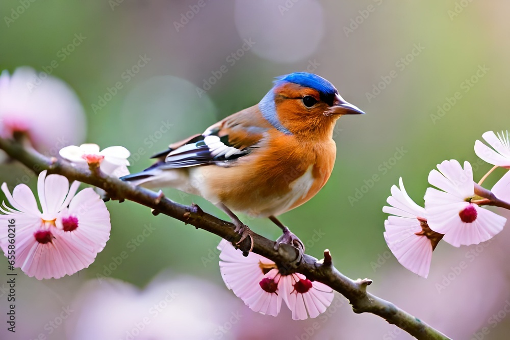 Close up of a Chaffinch (Fringilla coelebs) bird sitting in a cherry tree in the spring season