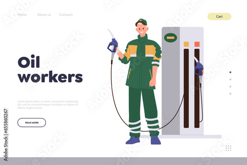 Oil workers professional service refueling car at petrol filling station advertising landing page