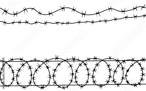 Barbed wire vector fence barb wire border chain. Prison line war barb background metal silhouette. photo
